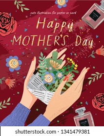 Happy mother's day! Vector illustration for a cover, poster or card for the holiday moms. Drawing of hands holding an envelope with flowers - a holiday gift