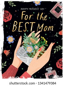 Happy mother's day! Vector illustration for a cover, poster or card for the holiday moms. Drawing of hands holding an envelope with flowers - a holiday gift