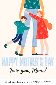 Happy Mothers Day. Vector illustration with woman and children. Design element for card, poster, banner, and other use.