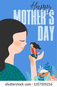 Happy Mothers Day. Vector illustration with women and child. Design element for card, poster, banner, and other use.