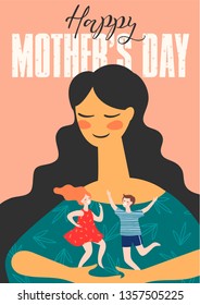 Happy Mothers Day. Vector illustration with woman and children. Design element for card, poster, banner, and other use.