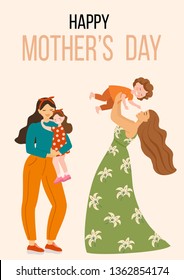 Happy Mothers Day. Vector illustration with women and their children. Beautiful template. Can be used for banner, poster, card, postcard and printable.
