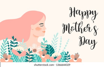 Happy Mothers Day. Vector illustration with woman and flowers. Design element for card, poster, banner, and other use.