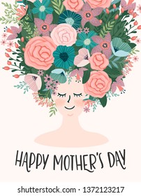 Happy Mothers Day. Vector illustration with woman and flowers. Design element for card, poster, banner, and other use.