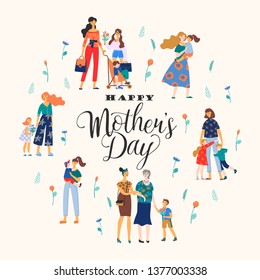 Happy Mothers Day. Vector illustration with women and children. Design element for card, poster, banner, and other use.