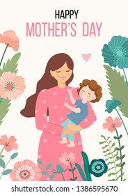 Happy Mothers Day. Vector illustration with woman and her child. Beautiful template. Can be used for banner, poster, card, postcard and printable.