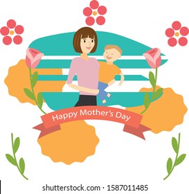 happy mother's day vector illustration for background or greeting card design template. mom and kid.