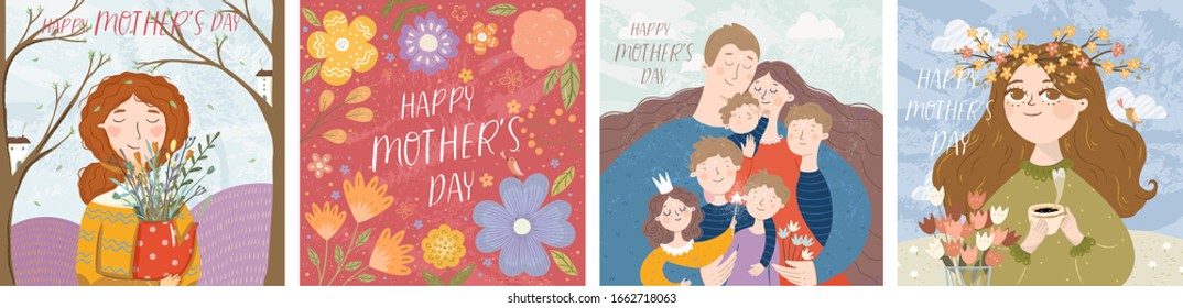Happy mother's day! Vector illustration mom and flowers  floral frame and text   cute family hugging  Drawing for card  postcard background 
 
