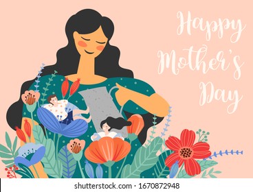 Feliz Día de la Madre. Ilustración vectorial con mujeres y niños floridos. Elemento de diseño para tarjeta, afiche, banner y otro uso.