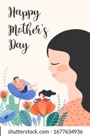 Happy Mothers Day. Vector illustration with women and children in flowers. Design element for card, poster, banner, and other use.