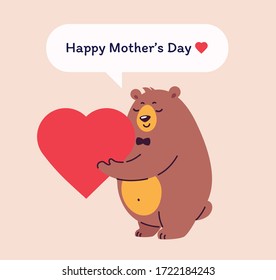 Happy mother's day vector illustration - Sweet Teddy bear holds a heart as a gift of love, Happy Mothers Day text in a speech bubble. Lovely greeting card in flat style. Happy Mother's Day to you! 