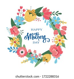 Happy mothers day! Vector illustration for a cover, poster or card for the moms holiday. Drawing of flower wreath, a holiday gift