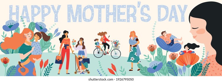 Happy Mothers Day. Vector illustration with women and children. Design element for card, poster, banner, and other use.