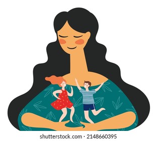 Happy Mothers Day. Vector illustration with woman and children. Design element for card, poster, banner, and other use.