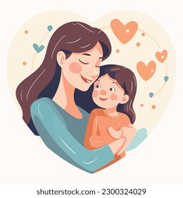 Happy Mother's Day. Vector illustration of mom with a baby in her arms, a vase of hearts, a declaration of love to mom and a floral and hear frame for a greeting card, poster or background