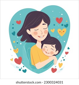 Happy Mother's Day. Vector illustration of mom with a baby in her arms, a vase of hearts, a declaration of love to mom and a floral and hear frame for a greeting card, poster or background