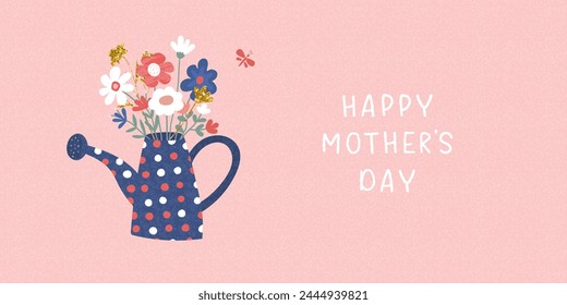 Happy Mother's day vector illustration for greeting postcards,banners, promotional materials. Hand drawn spring flower bouquet in watering can