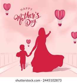 happy mothers day vector illustration mother stands holding her son's hand on pink abstract background