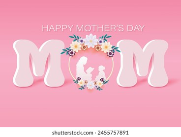 Happy Mother's Day Vector Illustration of Mother and Daughter Inside Floral O of MOM	
