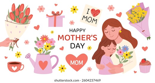 Happy Mother's Day vector illustration with mom and daughter hugging. Cute floral bouquet, heart, gifts, watering can, love postcard. Sweet spring holiday card in flat style. White isolated background