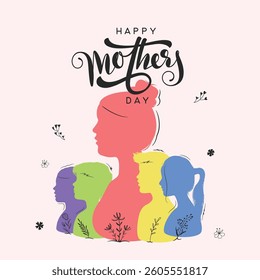 happy mothers day vector illustration of mother and childs, mothers day calligraphy