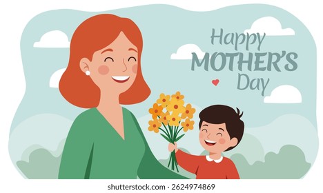 Happy Mother's Day vector illustration. Smiling mother with red hair receiving a bouquet of yellow flowers from her happy young son. Cute cartoon characters, sky background scene