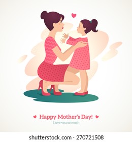 Feliz Día de la Madre. Ilustración vectorial. Mamá y bebé hija en estilo vintage. 