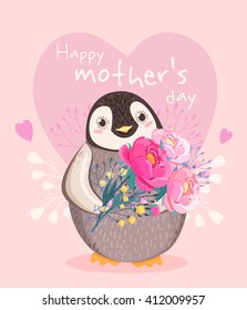 Happy Mother's day. Vector illustration of penguin with flowers. Cute animal. Sweet  greeting card for holiday. Cartoon character. Congratulation, invitation in vector. Pink background with hearts.