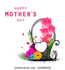 Happy Mother's Day, Vector Illustration Based On Mother's Day Gift With Flower Basket And Heart.