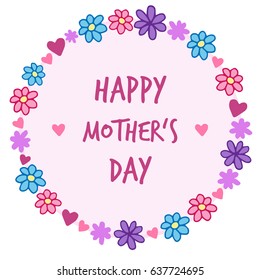 Happy Mother's Day vector illustration drawing of flower and heart wreath with writing, greeting card isolated with transparent background, circle with light pink inside.