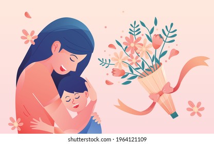 Happy Mothers Day. Vector illustrations of mom, baby, flowers,  pattern and text. Drawings for postcard, poster or background