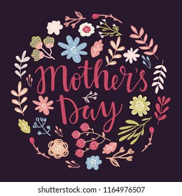 Happy Mothers day vector lettering illustration greeting card template. Hand drawn lettering text on  decorated with simple colorful flowers on dark background