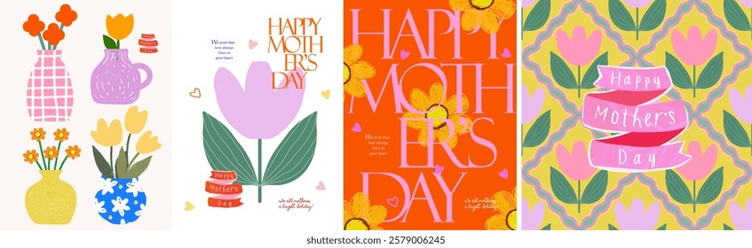 Happy Mother's Day. Vector modern minimalistic illustration of seamless pattern, tulip flower, flowers in vase, bouquet, label, logo for greeting card, poster, postcard, invitation or background