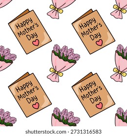 Feliz Dia das Mães padrão vetorial com buquês de tulipa rosa e cartões de saudação