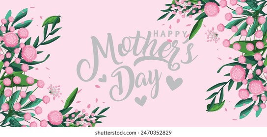 Happy Mother's Day vector pink rose falling petals and leaves in white background for greeting card, posters, banners, sale design, web and print marketing. Nature inspired design