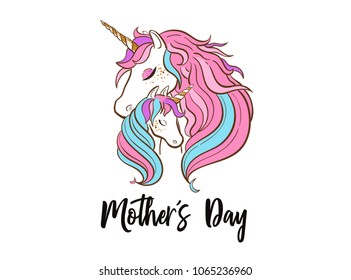 Happy Mothers day vector postcard with Unicorn family.