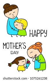 Happy Mother's Day vector postcard on white background. Mother Day greeting card with funny scene. Mom and children happy life. Smiling mother and children. Boy and girl greet mommy. Happy childhood