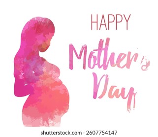 Happy mothers day. Vector postcard with a pink watercolor healthy pregnant woman. Pregnant woman with wildflowers and lettering. Delicate expectation of a child. 