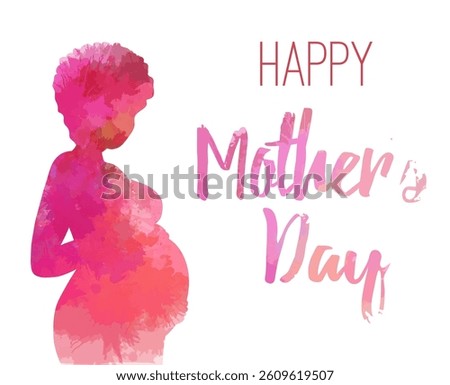 Happy mothers day. Vector postcard with a pink watercolor healthy African pregnant woman. Pregnant Black woman with lettering. Delicate expectation of a child.