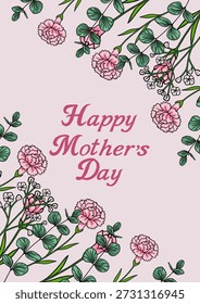 Happy Mother's Day vector poster with delicate pink carnations and green leaves