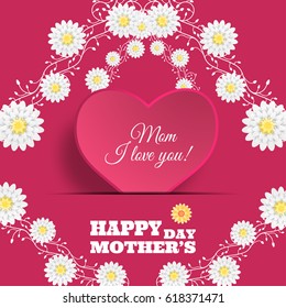 Happy Mother's Day vector poster on the gradient pink background with heart shape insert in the paper pocket, text and flowers.