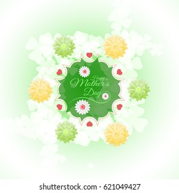 Happy Mother's Day vector poster on the gradient green background with floral shape in the center, hearts, text and flowers.