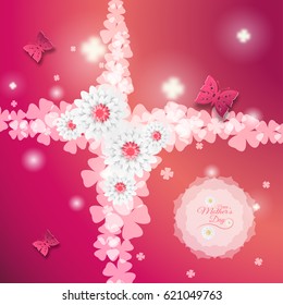 Happy Mother's Day vector poster on the gradient red background with floral shape, butterflies, text, glow leaf silhouettes, flowers and clover leaves.