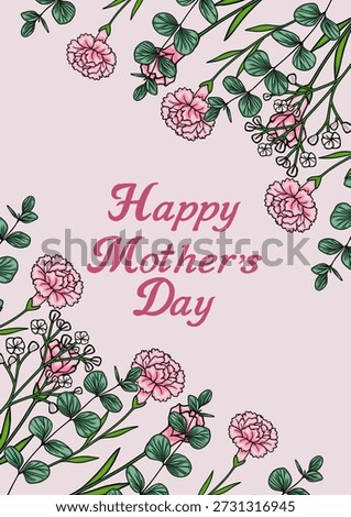 Happy Mother's Day vector poster with delicate pink carnations and green leaves