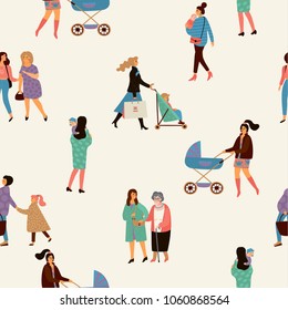 Happy Mothers Day. Vector seamless pattern with women and children. Design element.