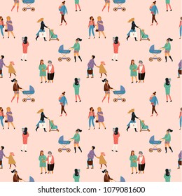 Happy Mothers Day. Vector Seamless Pattern With Women And Children. Design Element For Card, Poster, Banner, And Other Use.