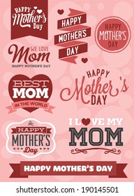 Happy Mother's Day Vector Set - Best Mom in The World - I Love My Mom - We Love Mom - Hearts and Banners