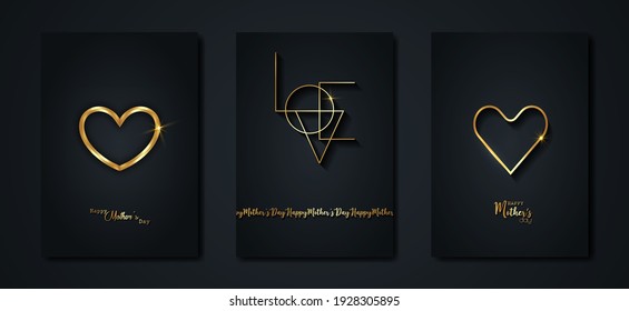 happy Mother's Day vector set greeting card. Gold heart on black background. Golden holiday poster with text. Concept for Mothers Day banner, flyer, party invitation, gift shop. Golden Luxury template