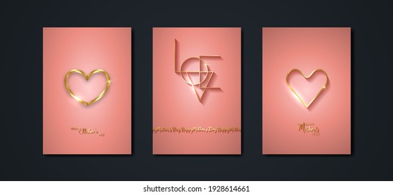 happy Mother's Day vector set greeting card. Gold heart on pink background. Golden holiday poster with text. Concept for Mothers Day banner, flyer, party invitation, gift shop. Golden Luxury template