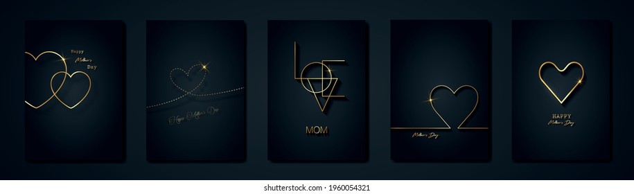 Happy Mothers day vector set greeting card. Gold heart on black background. Golden holiday poster with text. Concept for mother's day banner, flyer, party invitation, gift shop, vertical templates